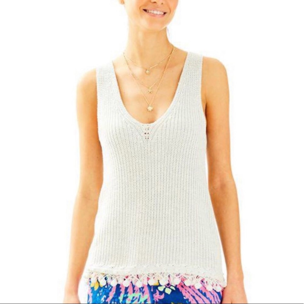 Lilly Pulitzer Jaya Sweater V Neck Pom Pom Tank Top Metallic Grey XS